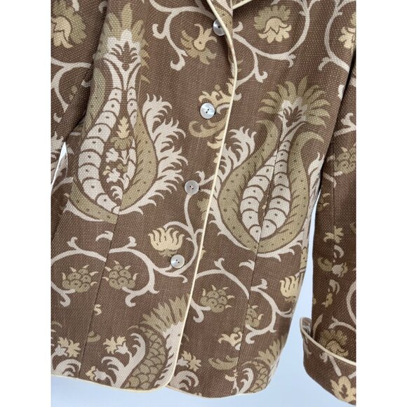 J McLaughlin Brown & Cream Floral Print Blazer Jacket W/ Piping Sz 4 - Picture 8 of 16